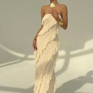 NEW! Elegant Strapless Cream Ruffle Bodycon Dress